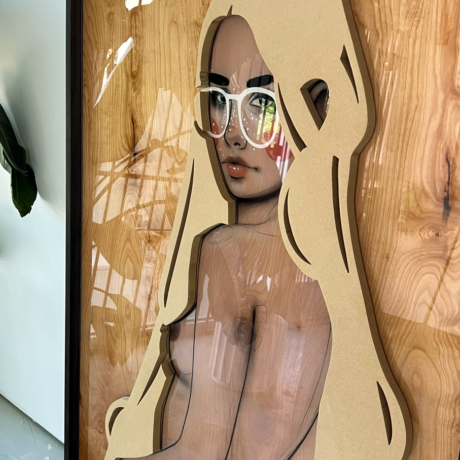 Celestial nude portrait of a long-haired woman rendered in charcoal, pastel, mdf, and acrylic on birch wood by New Mexico artist St. Jame.