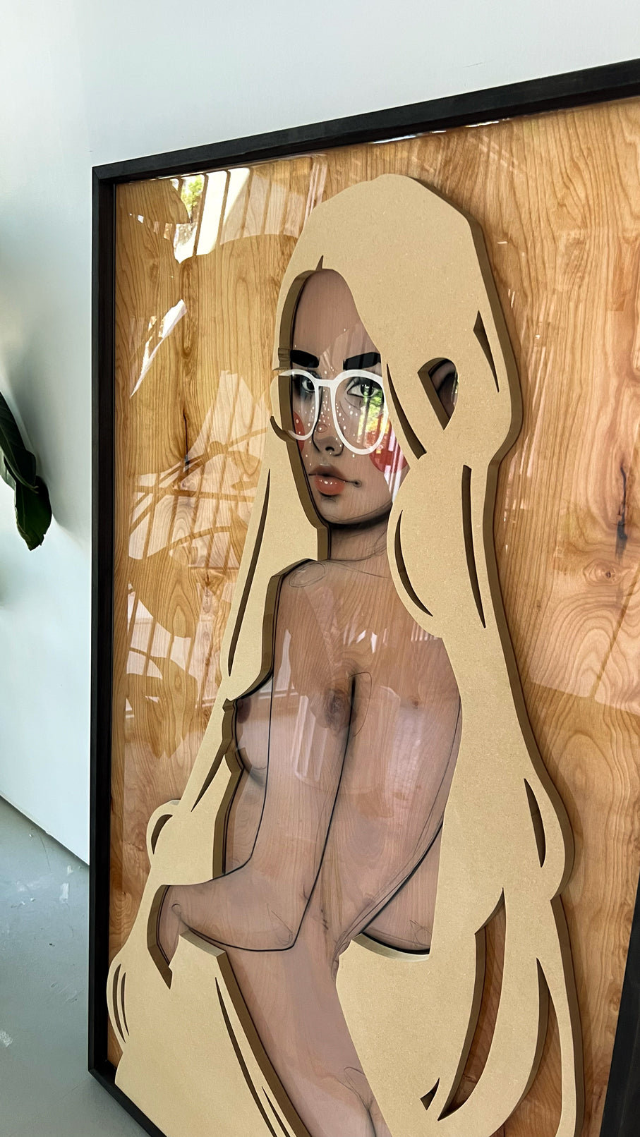 Celestial nude portrait of a long-haired woman rendered in charcoal, pastel, mdf, and acrylic on birch wood by New Mexico artist St. Jame.
