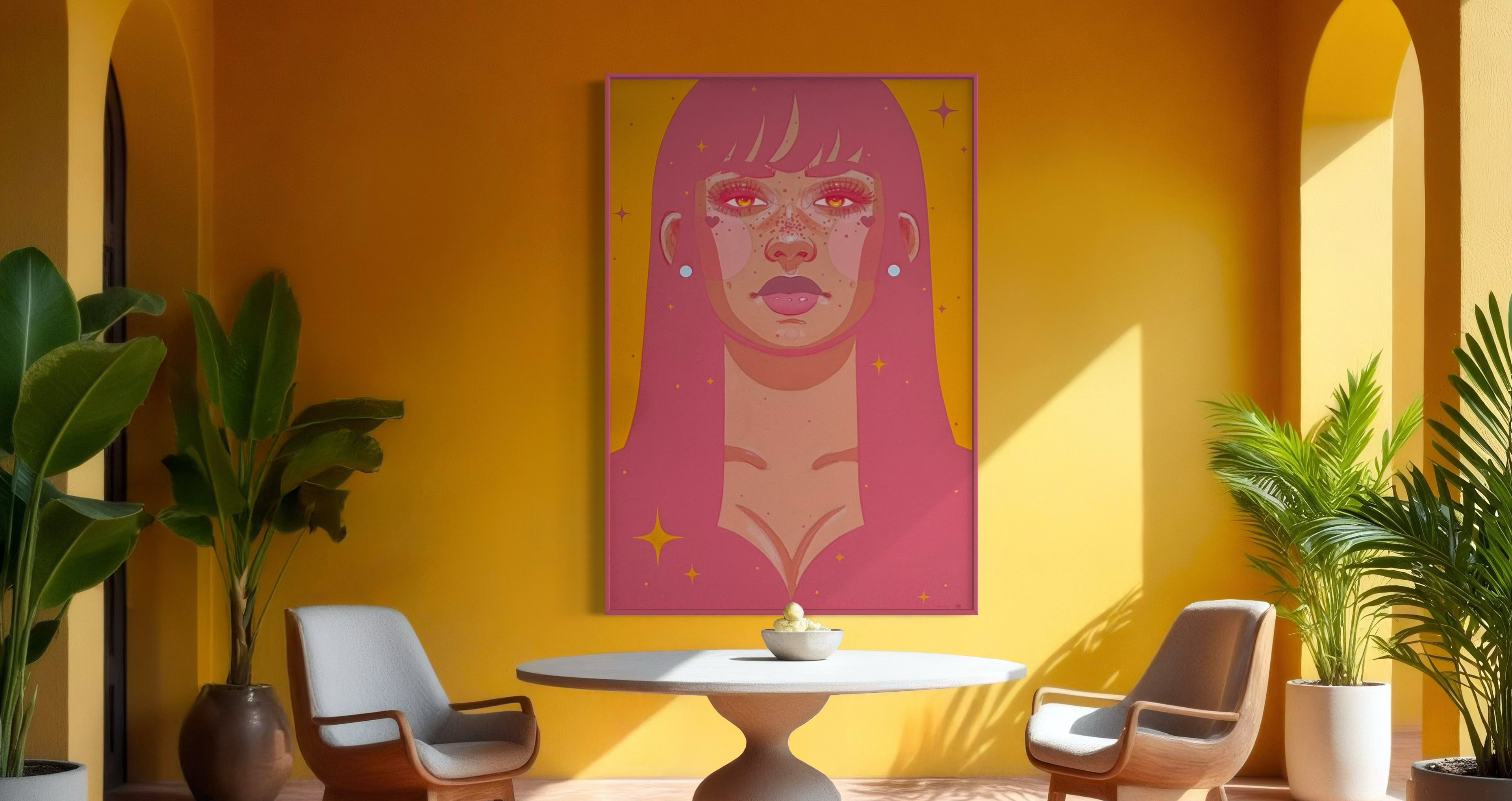 Vibrant original painting titled 'Pink Lemonade' showcasing bold hues and abstract forms by New Mexico artist St. Jame.