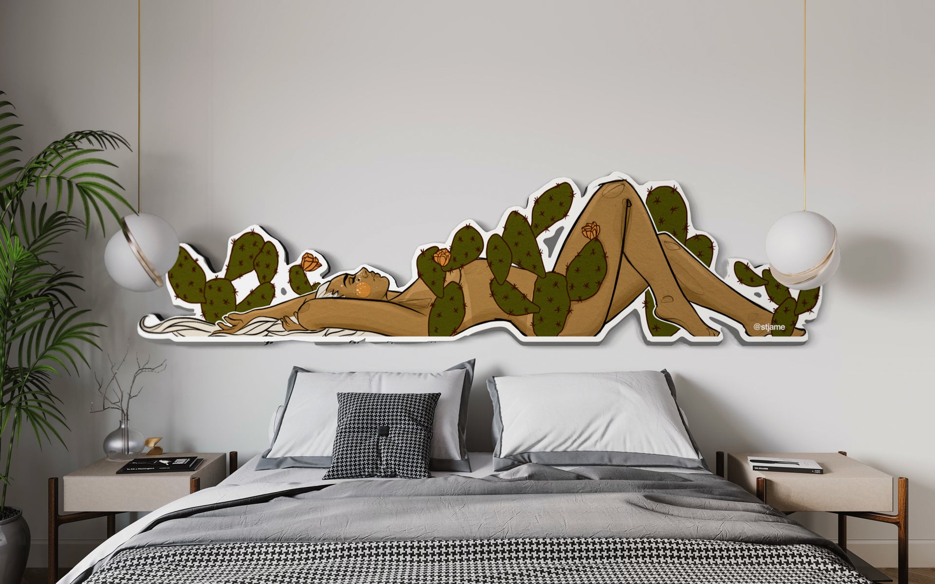 Artwork titled 'Prickly' featuring sharp lines and contrasting colors to depict a desert-inspired theme by St. Jame.