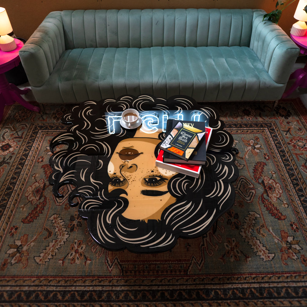 Hand-painted Stargazer coffee table with celestial motifs, sealed in high-gloss epoxy resin by St. Jame.