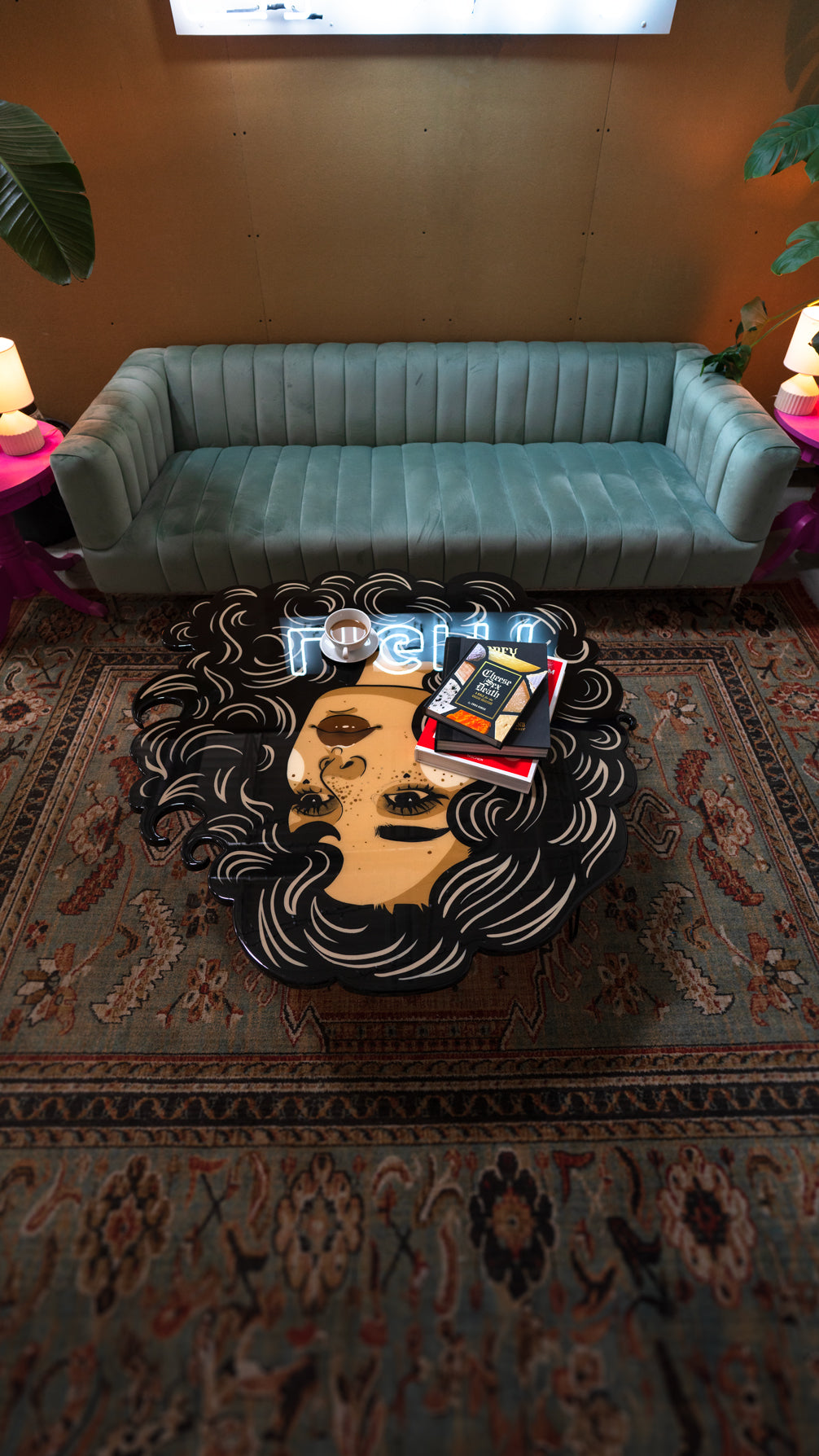Hand-painted Stargazer coffee table with celestial motifs, sealed in high-gloss epoxy resin by St. Jame.