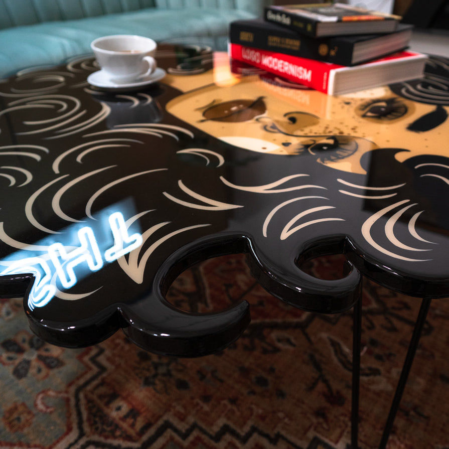 Hand-painted Stargazer coffee table with celestial motifs, sealed in high-gloss epoxy resin by St. Jame.