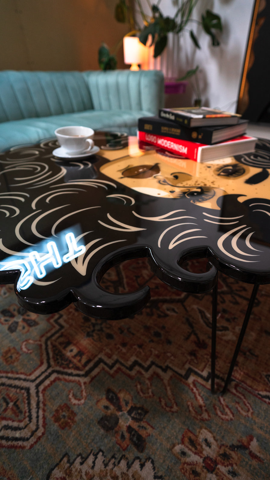 Hand-painted Stargazer coffee table with celestial motifs, sealed in high-gloss epoxy resin by St. Jame.