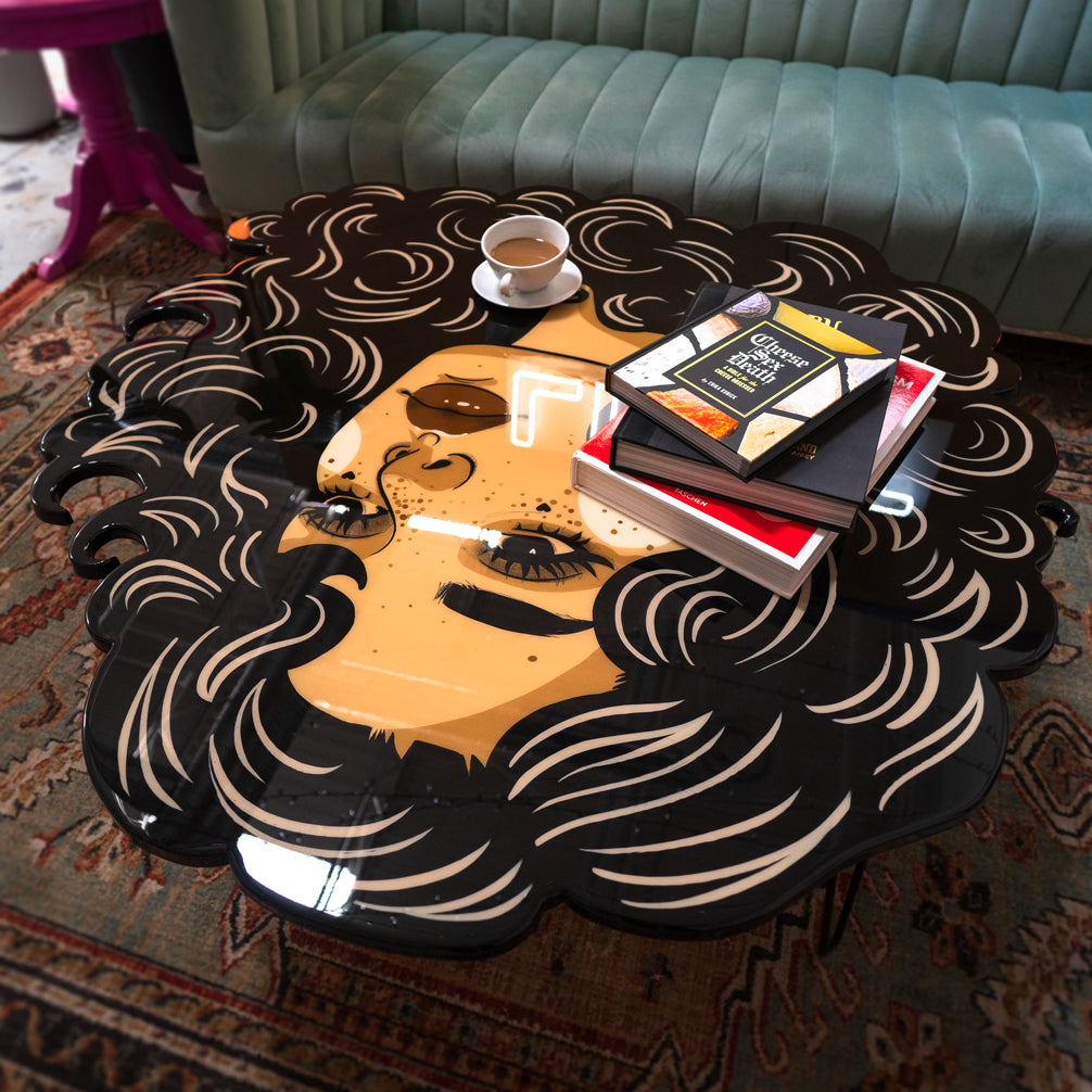 Hand-painted Stargazer coffee table with celestial motifs, sealed in high-gloss epoxy resin by St. Jame.