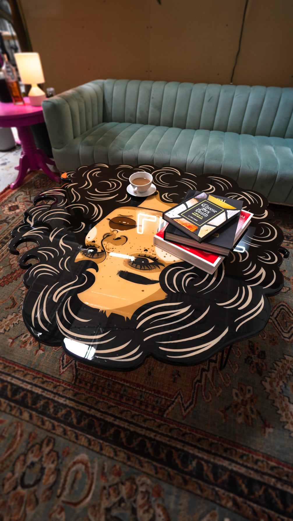 Hand-painted Stargazer coffee table with celestial motifs, sealed in high-gloss epoxy resin by St. Jame.