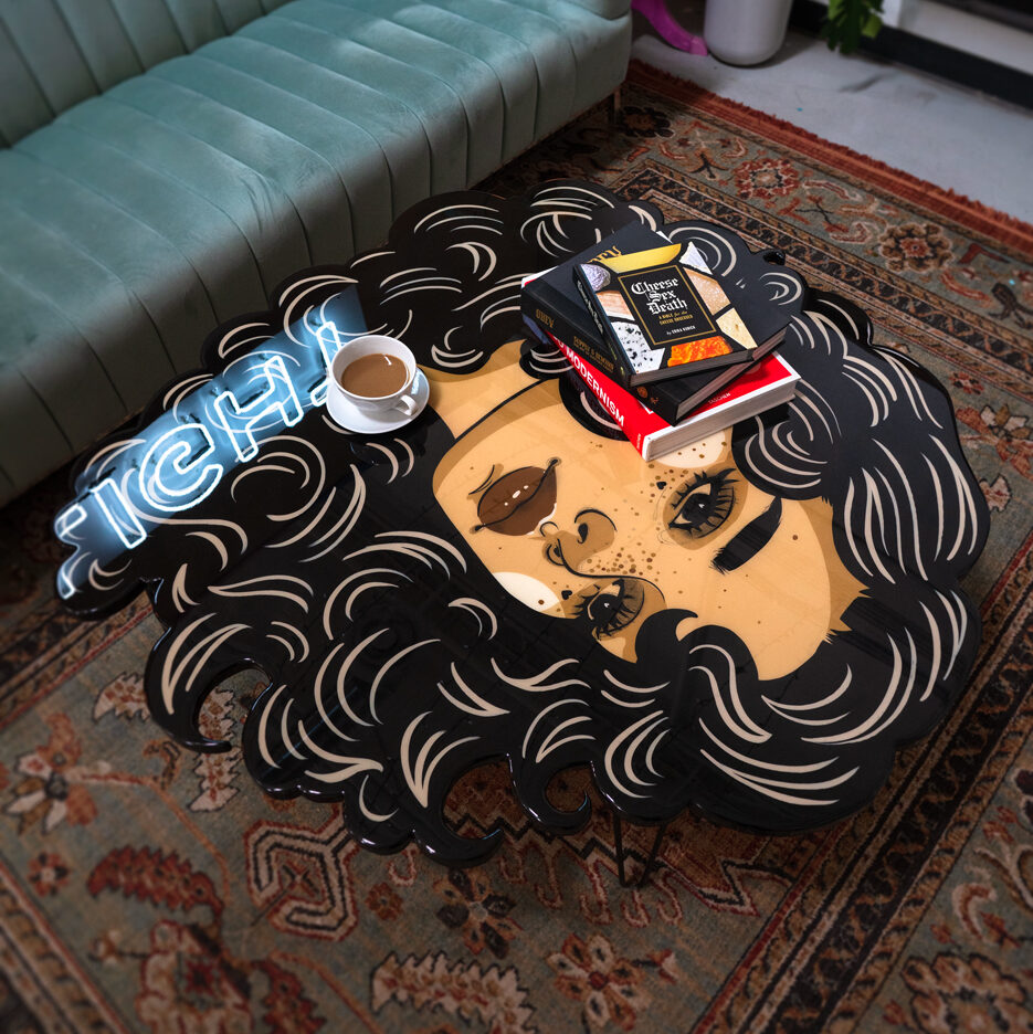 Hand-painted Stargazer coffee table with celestial motifs, sealed in high-gloss epoxy resin by St. Jame.