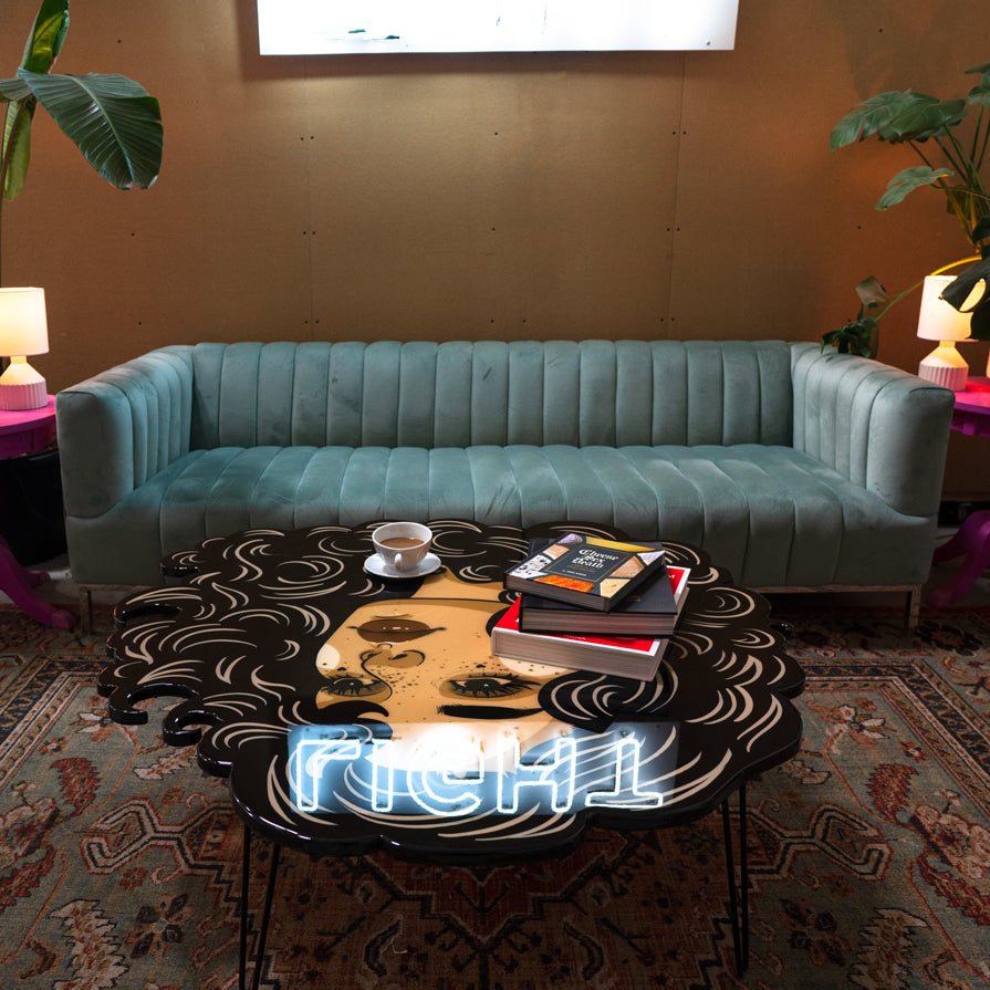 Hand-painted Stargazer coffee table with celestial motifs, sealed in high-gloss epoxy resin by St. Jame.