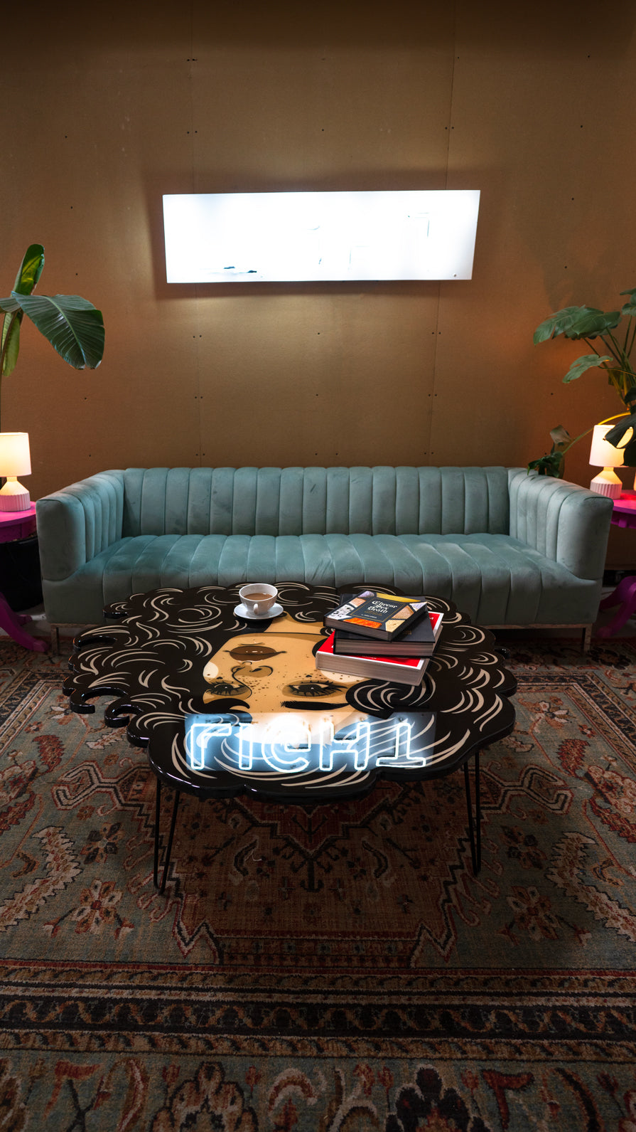 Hand-painted Stargazer coffee table with celestial motifs, sealed in high-gloss epoxy resin by St. Jame.