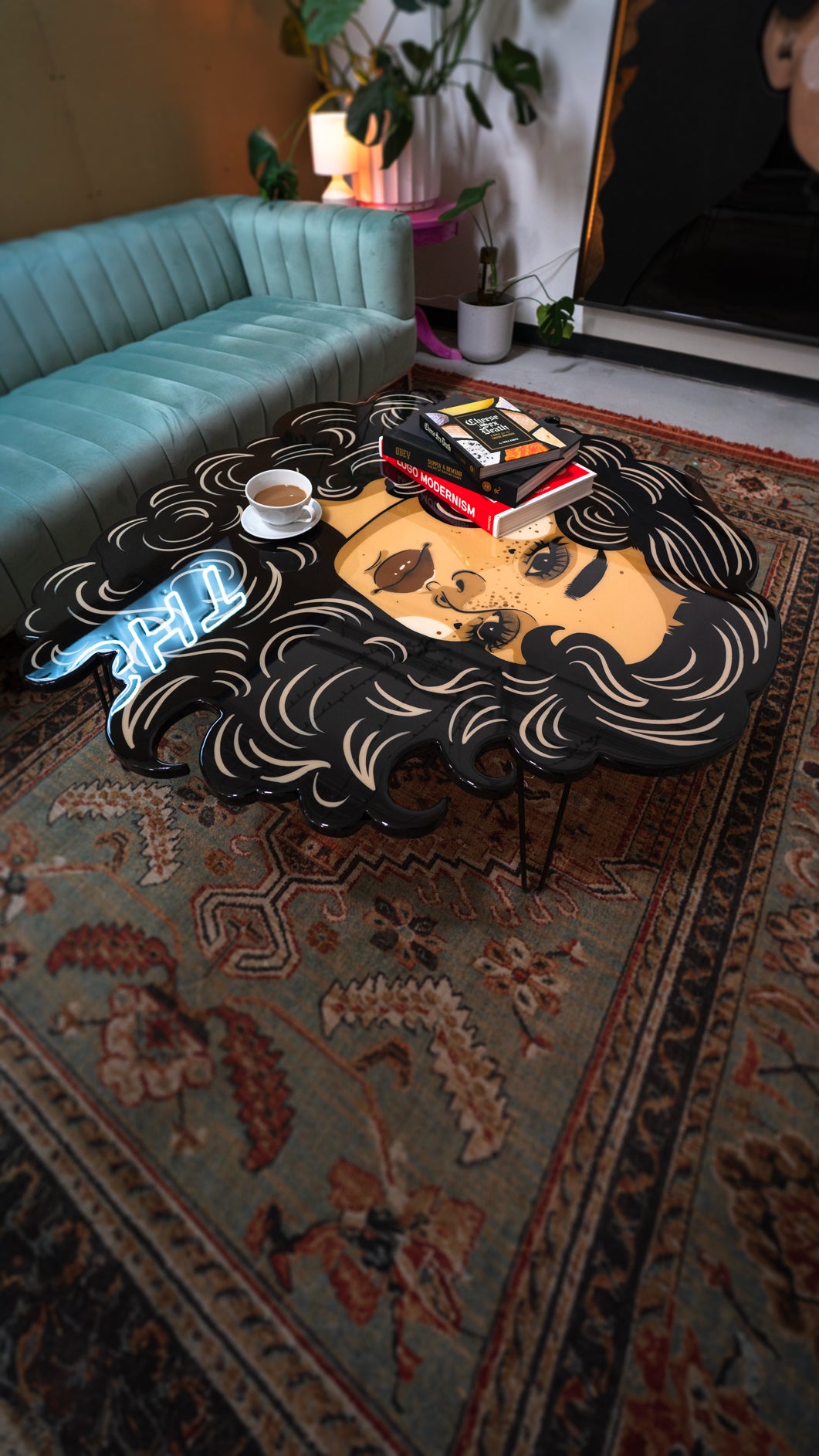 Hand-painted Stargazer coffee table with celestial motifs, sealed in high-gloss epoxy resin by St. Jame.